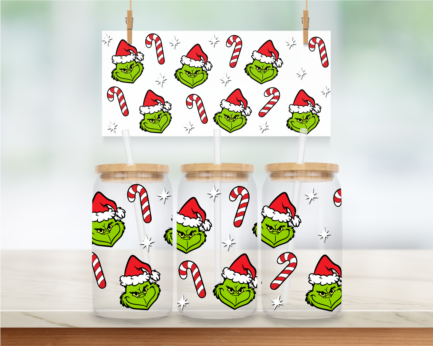 Mean Green Guy, Patterned Head and Candy Canes - 16 oz. UV DTF Cup Wrap