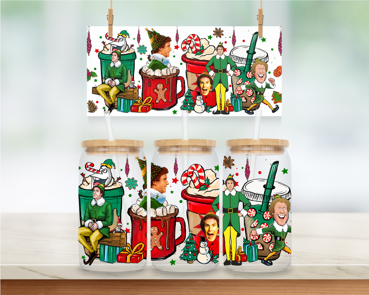 Elf with Christmas Coffee Cups - 16 oz. UV DTF Cup Wrap