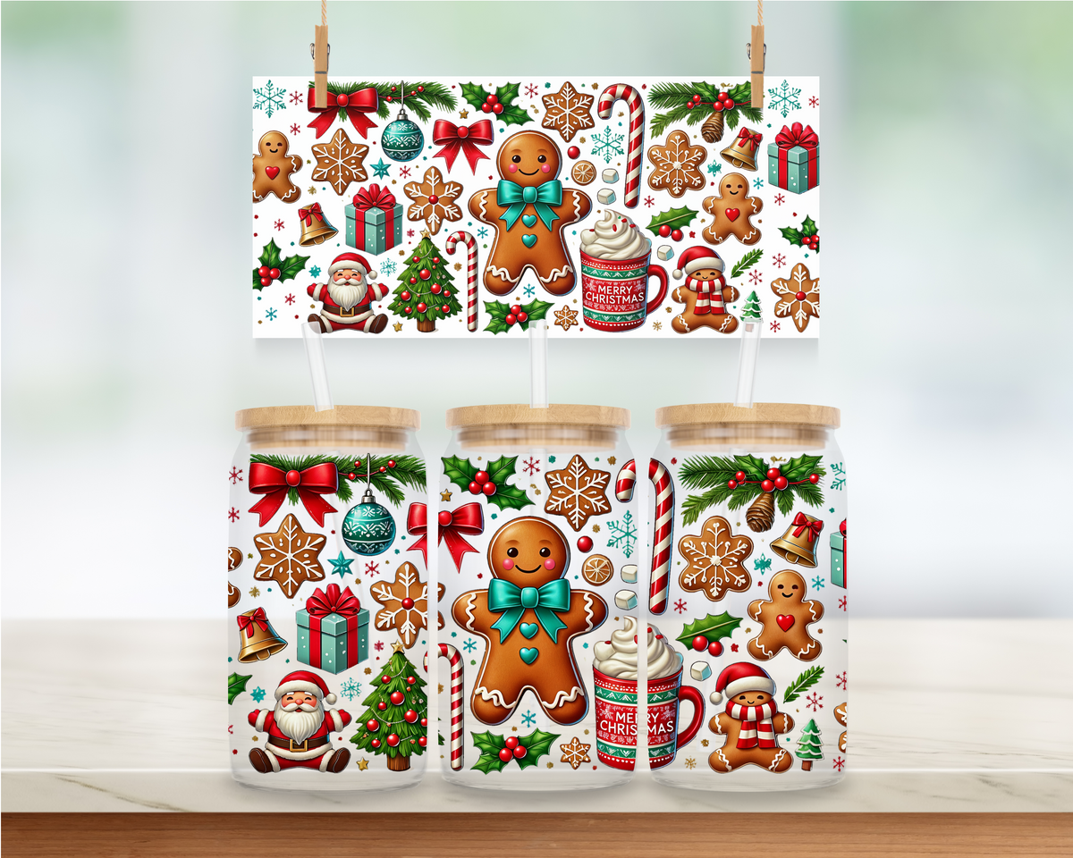 Gingerbread & Santa Christmas Collage - 16 oz. UV DTF Cup Wrap