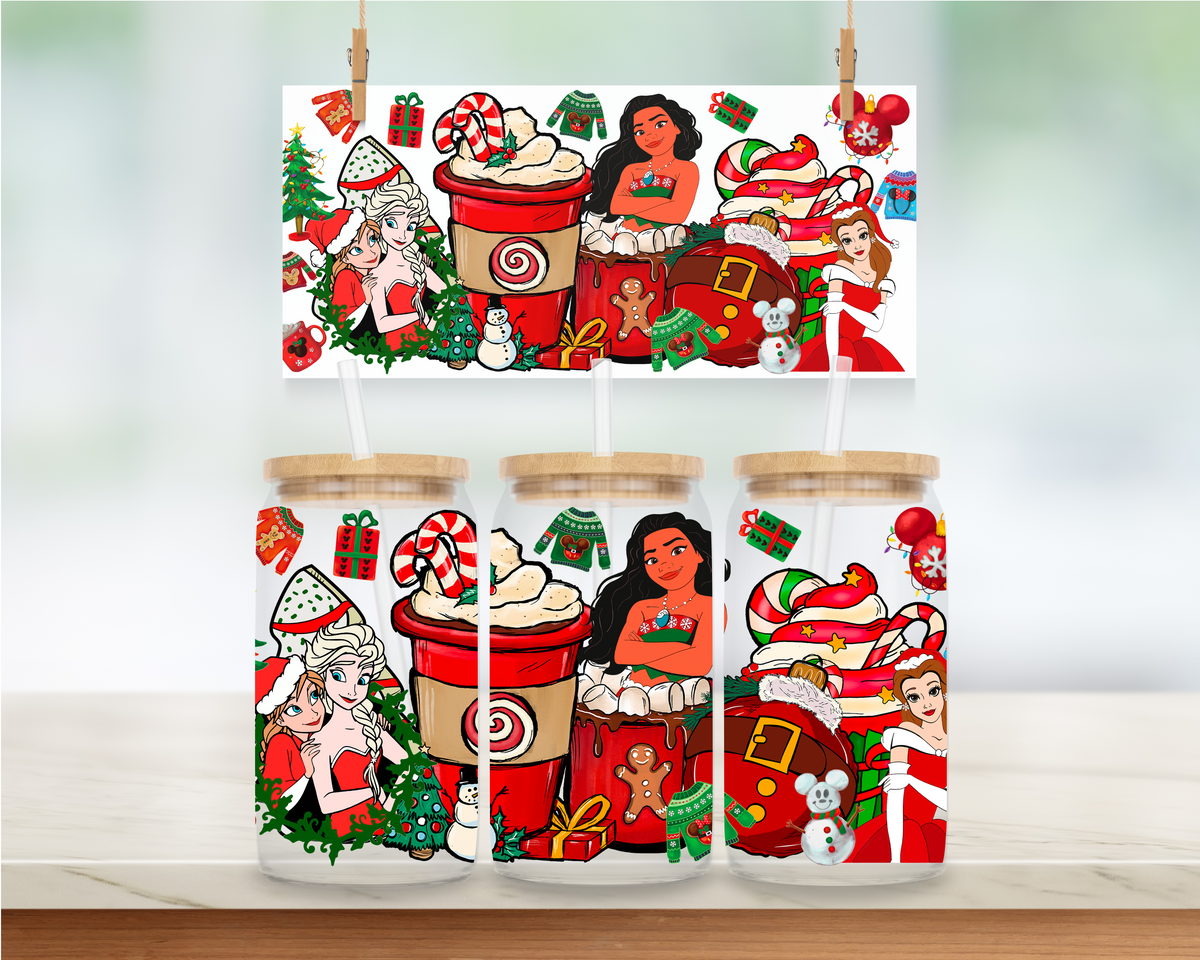 Princess Christmas Coffee Collage 1 - 16 oz. UV DTF Cup Wrap