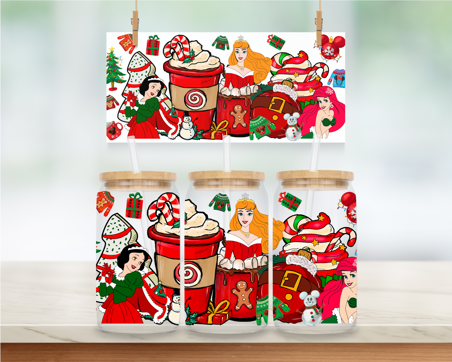 Princess Christmas Coffee Collage 2 - 16 oz. UV DTF Cup Wrap