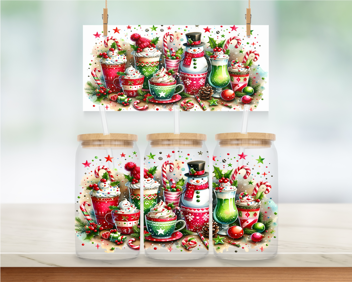 Snowman Christmas Coffees - 16 oz. UV DTF Cup Wrap