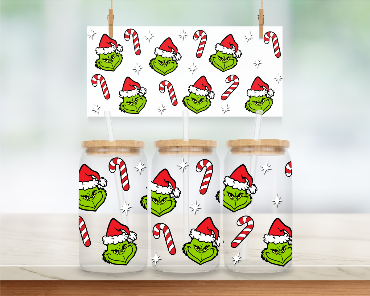 Mean Green Guy, Patterned Head and Candy Canes - 16 oz. UV DTF Cup Wrap