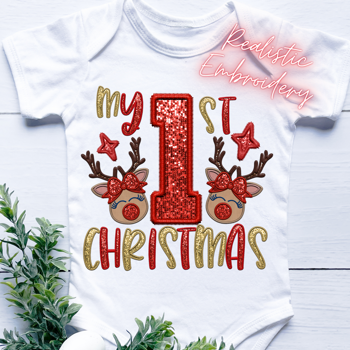 Faux Embroidery & Sequin / My First Christmas - DTF Transfer