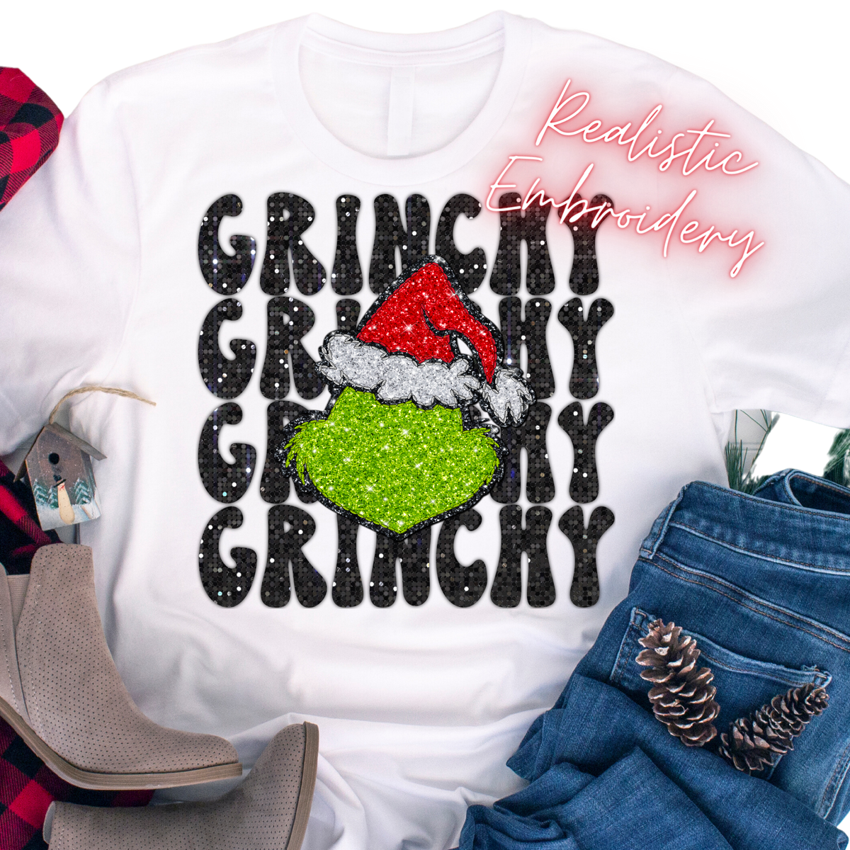 Faux Embroidery & Sequin / Grinchy - DTF Transfer