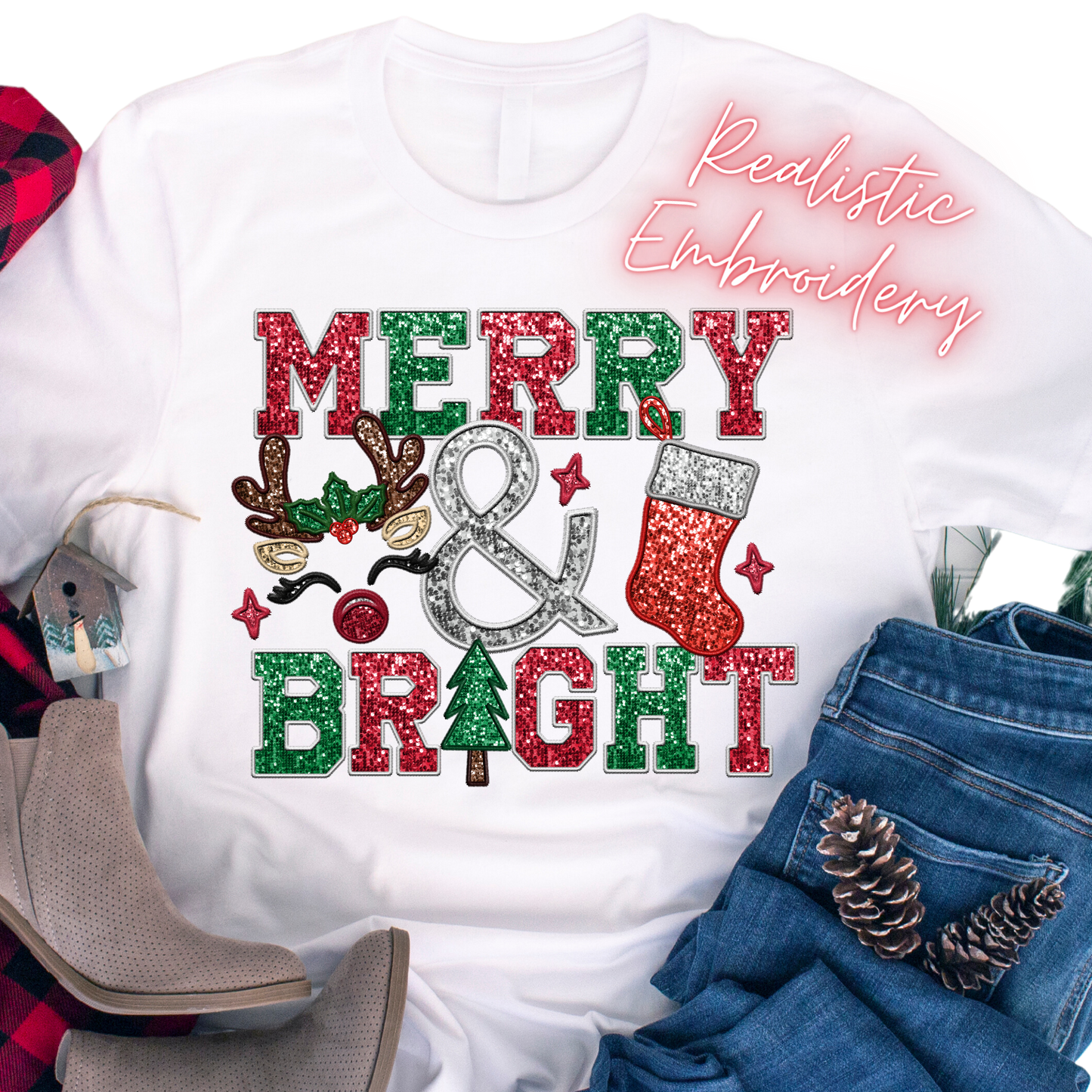 Faux Embroidery & Sequin / Merry & Bright - DTF Transfer