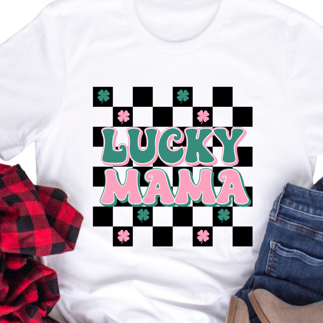 Lucky Mama / Dark Checkered Board - Unisex T-Shirt