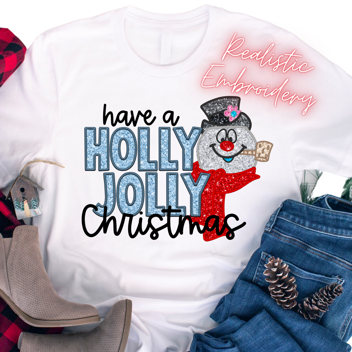 Faux Embroidery & Sequin / Have a Holly Jolly Christmas - DTF Transfer