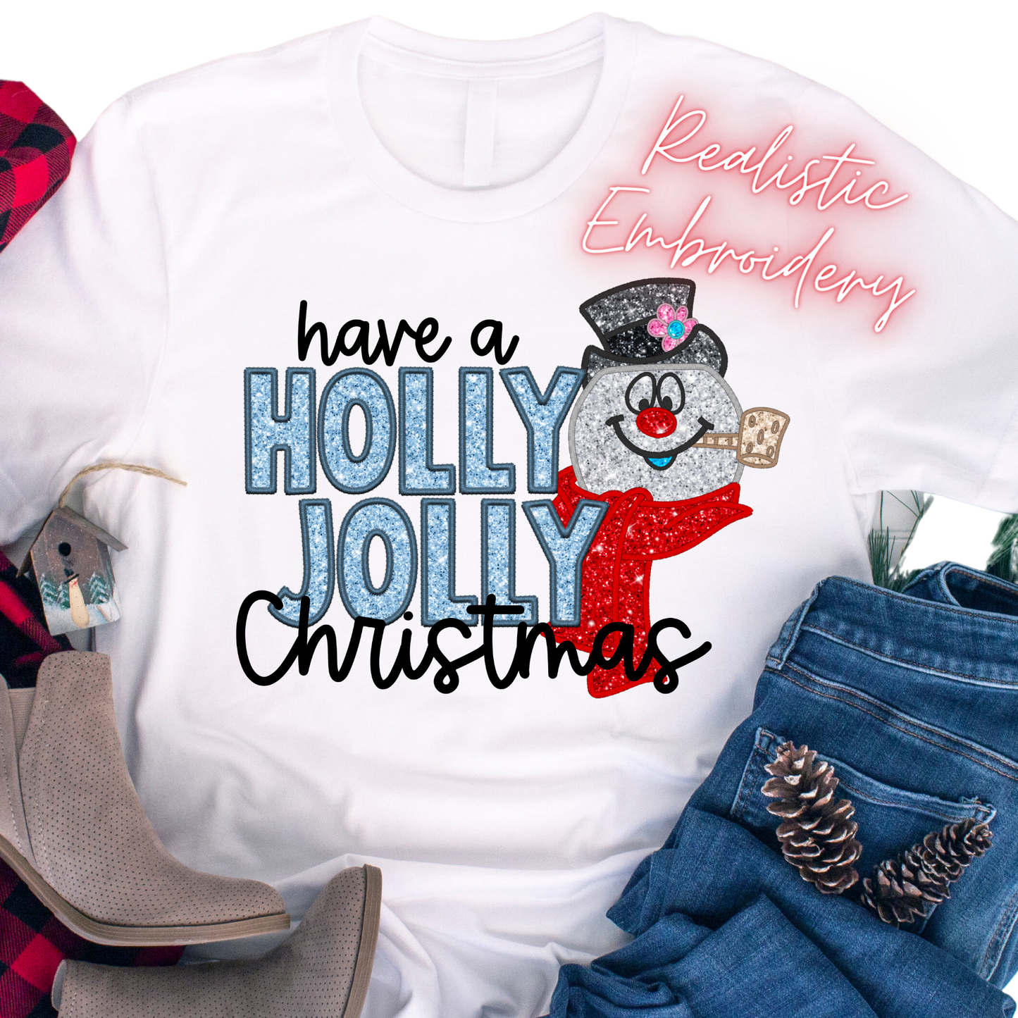 Faux Embroidery & Sequin / Have a Holly Jolly Christmas - DTF Transfer