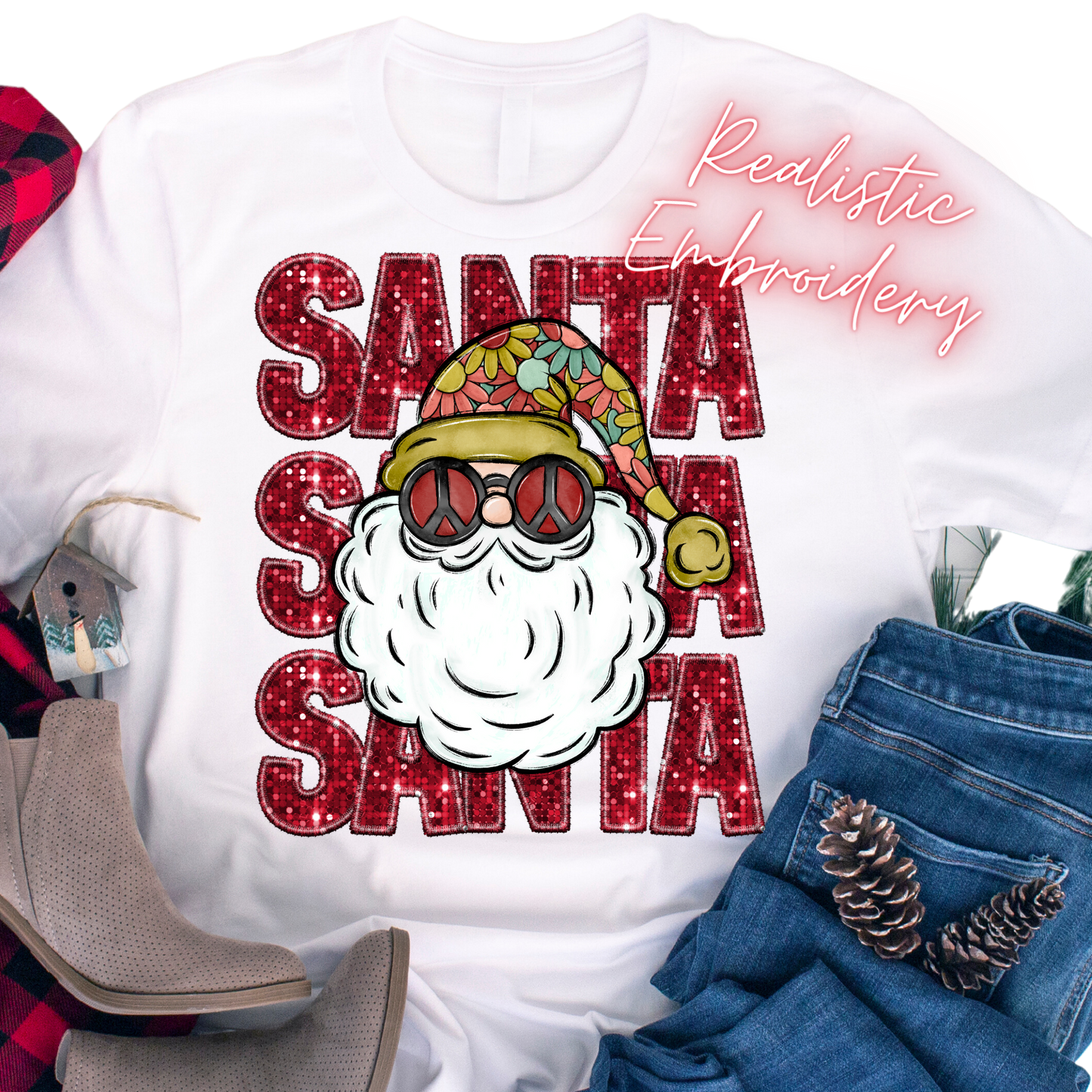 Faux Embroidery & Sequin / Groovy Santa - DTF Transfer