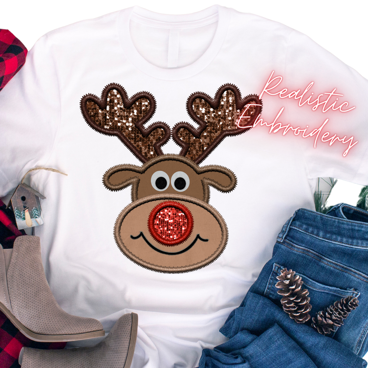 Red Nose Reindeer / Faux Embroidery - Unisex T-Shirt