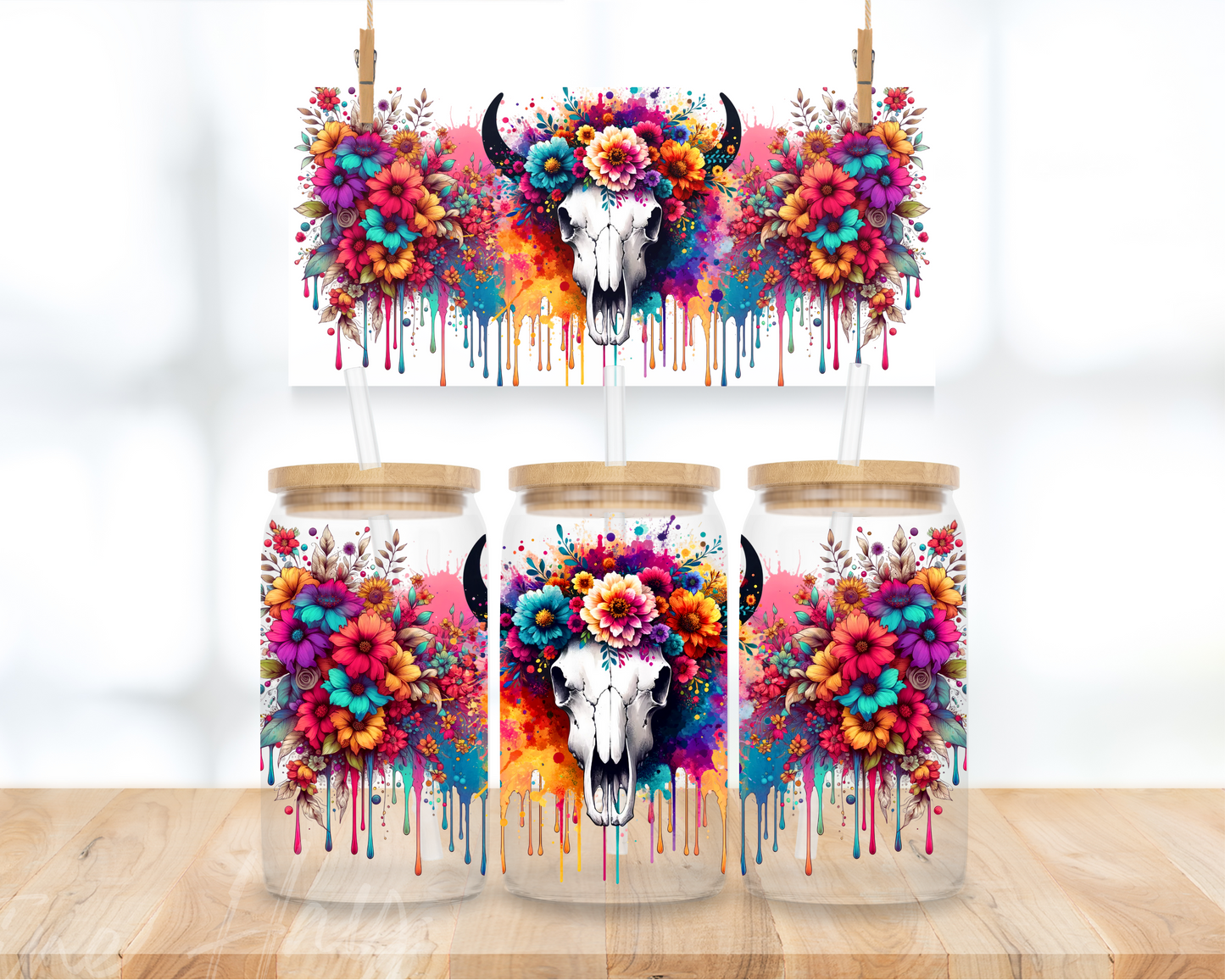 Floral Cow Skull - 16 oz. UV DTF Cup Wrap