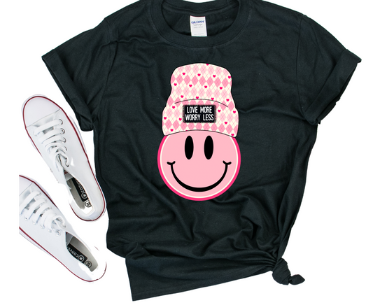 Love More Worry Less Pink Smiley with Beanie - Unisex T-Shirt