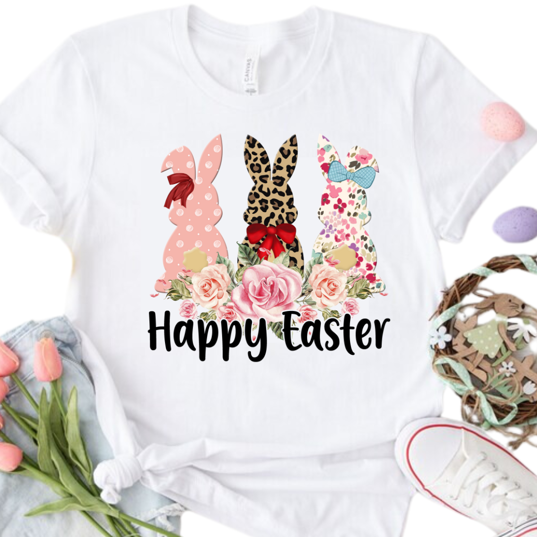 Happy Easter, Floral Bunnies - Unisex T-Shirt