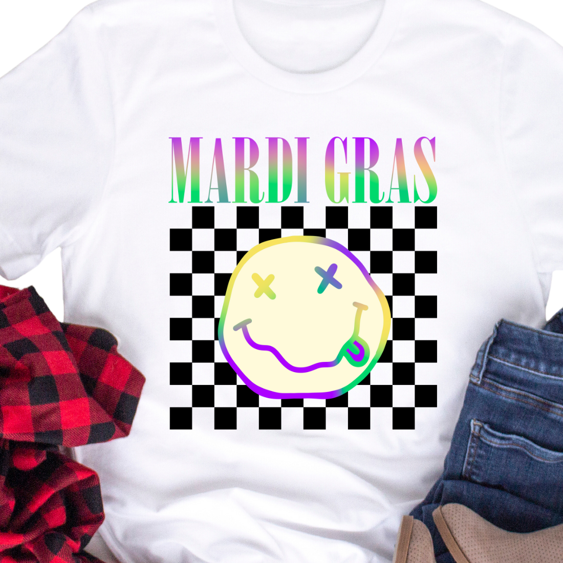 Mardi Gras Black Checkerboard Smiley Face - Unisex T-Shirt