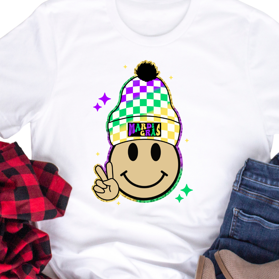 Smiley Face Mardi Gras Checkerboard - Unisex T-Shirt