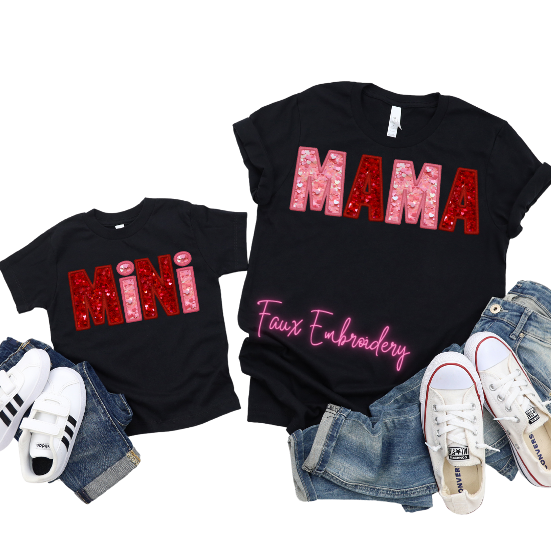 Faux Embroidery Mama & Mini - Valentine's Day Colors / TWO SHIRTS - Unisex T-Shirt Combo