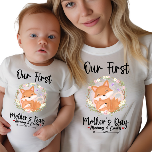 Our First Mother's Day / Fox & Custom Names / TWO SHIRTS - Unisex T-Shirt Combo