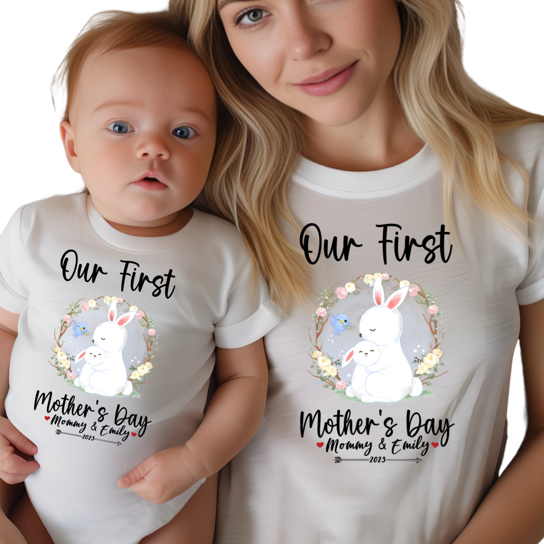 Our First Mother's Day / Rabbits & Custom Names / TWO SHIRTS - Unisex T-Shirt Combo