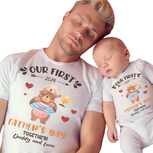 Our First Father's Day / Super Dad Bear & Custom Names / TWO SHIRTS - Unisex T-Shirt Combo