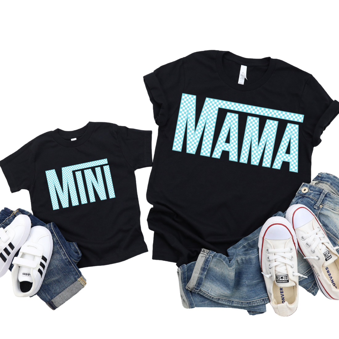 Mama & Mini / Light Blue Checkers / TWO SHIRTS - Unisex T-Shirt Combo