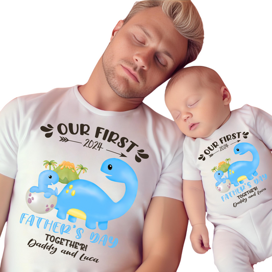 Our First Father's Day / Dinos & Custom Names / TWO SHIRTS - Unisex T-Shirt Combo