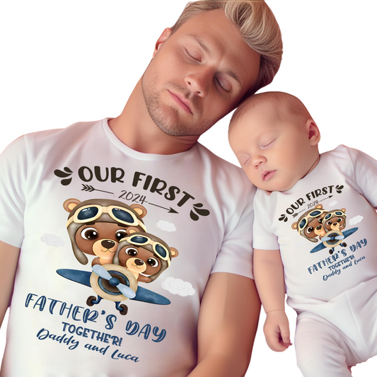 Our First Father's Day / Airplane Bears & Custom Names / TWO SHIRTS - Unisex T-Shirt Combo