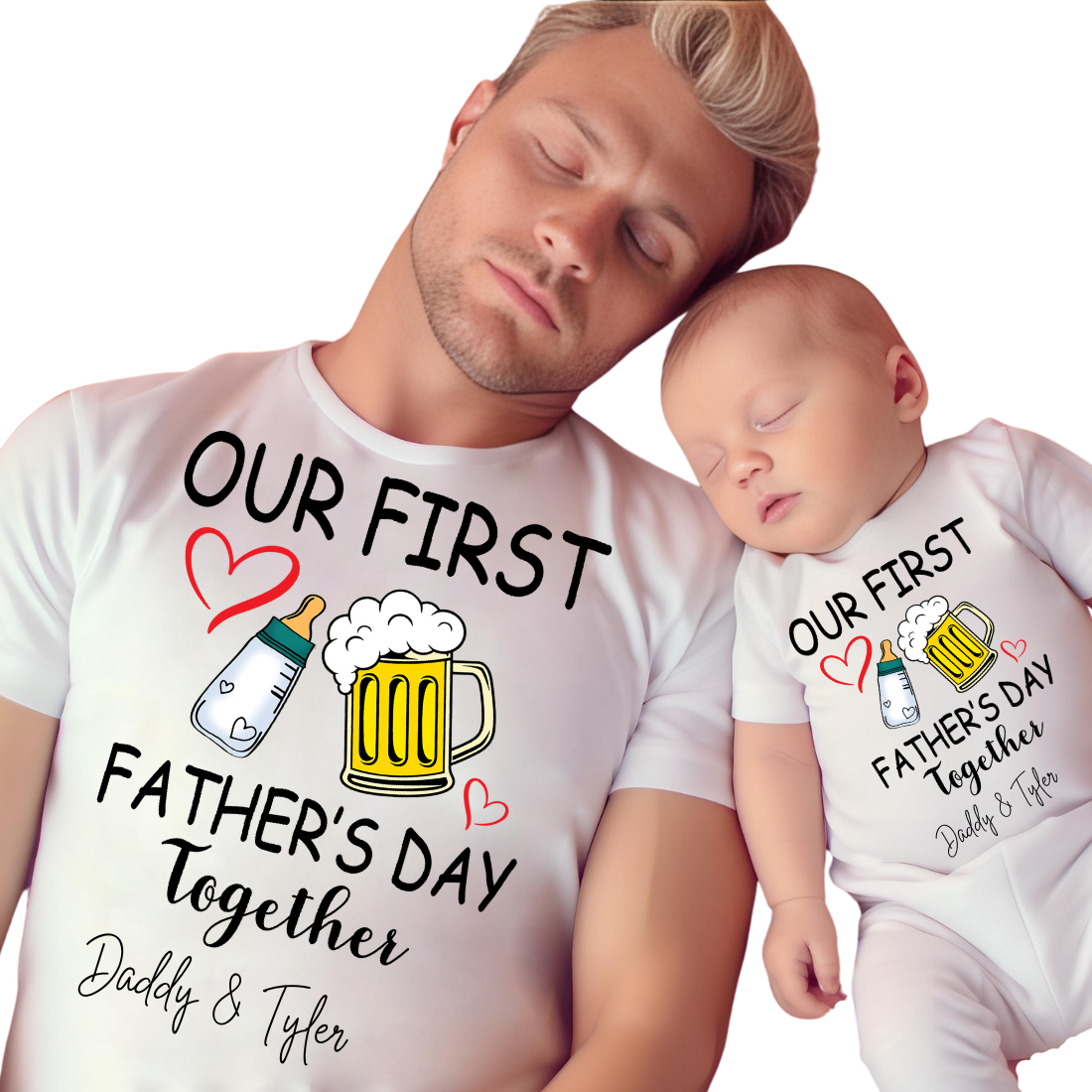 Our First Father's Day / Drinks & Custom Names / TWO SHIRTS - Unisex T-Shirt Combo