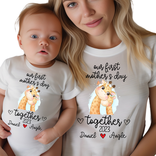 Our First Mother's Day / Giraffes & Custom Names / TWO SHIRTS - Unisex T-Shirt Combo