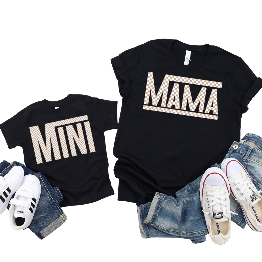 Mama & Mini / Tan Checkers / TWO SHIRTS - Unisex T-Shirt Combo