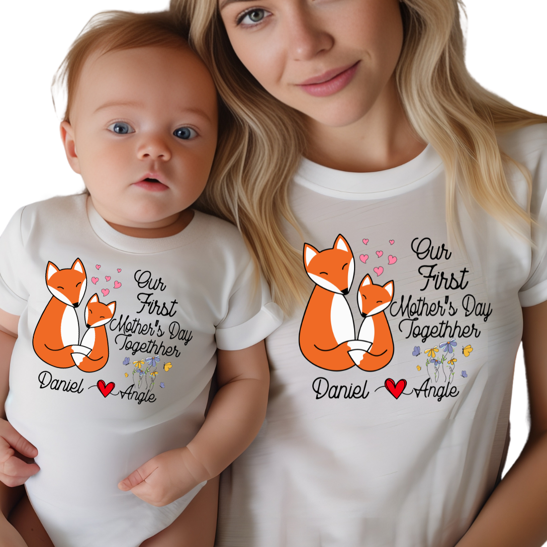 Our First Mother's Day / Fox & Custom Names / TWO SHIRTS - Unisex T-Shirt Combo