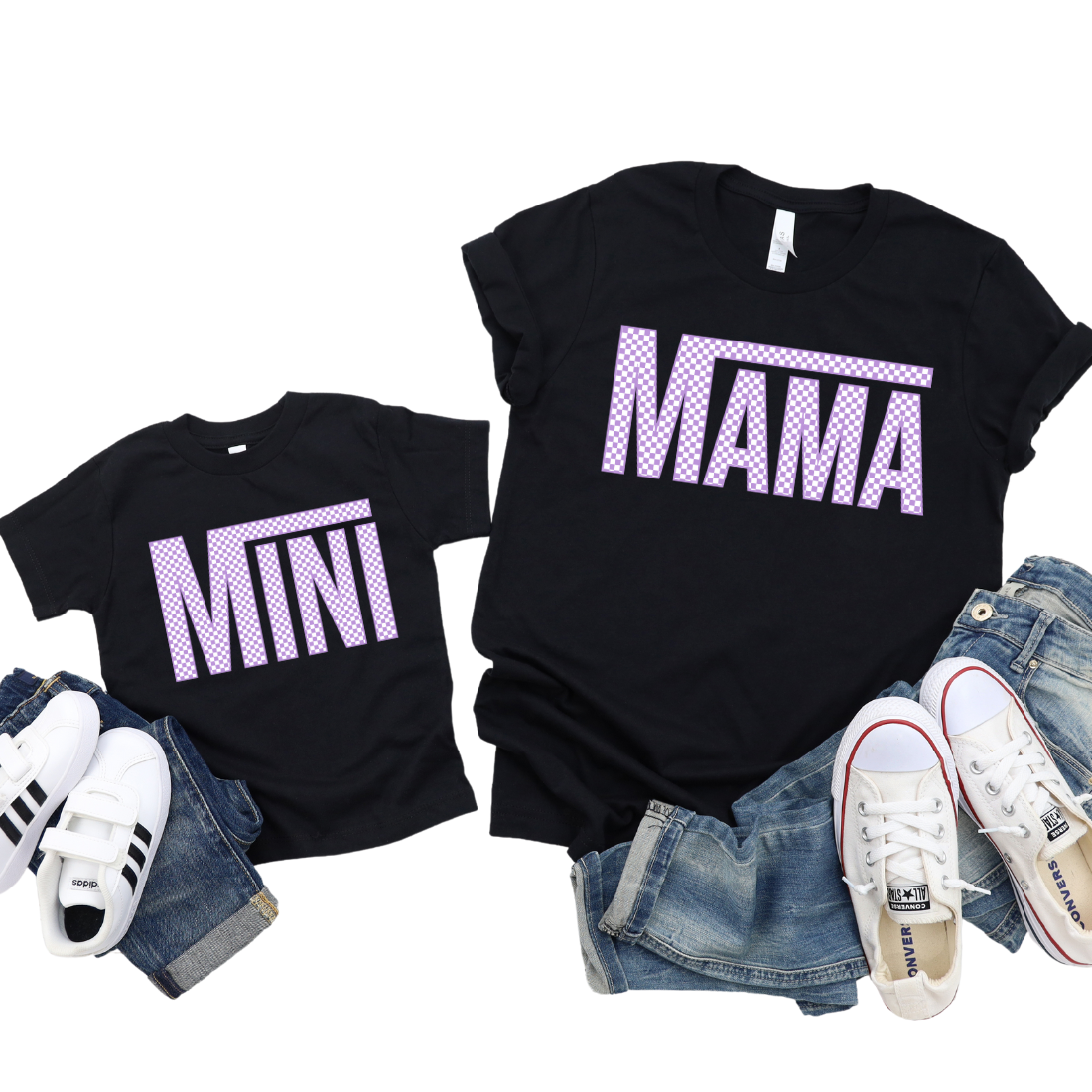 Mama & Mini / Purple Checkers / TWO SHIRTS - Unisex T-Shirt Combo