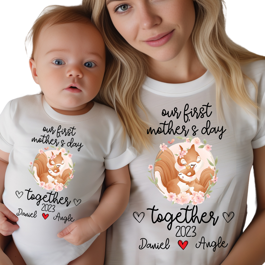 Our First Mother's Day / Squirrels & Custom Names / TWO SHIRTS - Unisex T-Shirt Combo