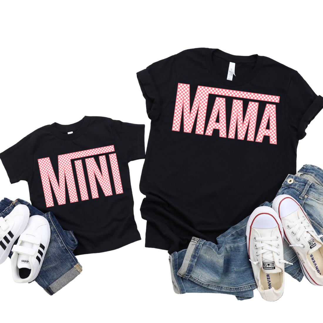 Mama & Mini / Coral Checkers / TWO SHIRTS - Unisex T-Shirt Combo