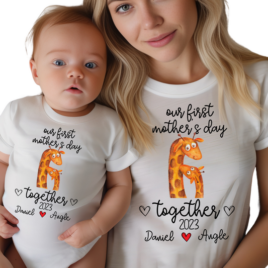 Our First Mother's Day / Giraffe & Custom Names / TWO SHIRTS - Unisex T-Shirt Combo