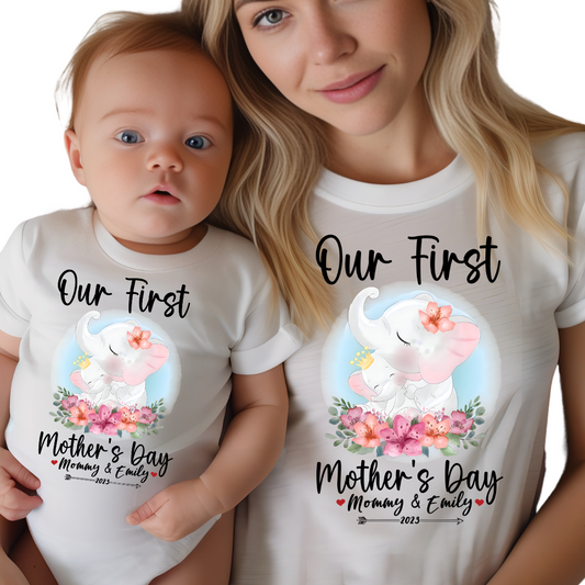 Our First Mother's Day / Elephants & Custom Names / TWO SHIRTS - Unisex T-Shirt Combo