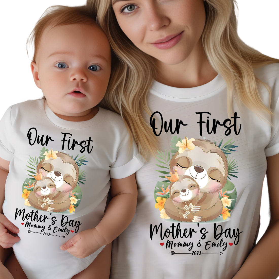 Our First Mother's Day / Sloth & Custom Names / TWO SHIRTS - Unisex T-Shirt Combo