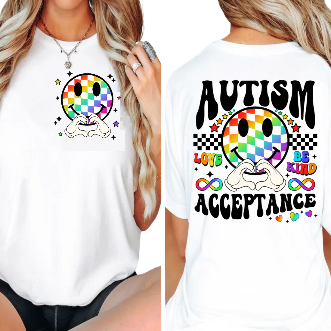 Autism Acceptance / Checkered Smiley - Back and Pocket - Unisex T-Shirt