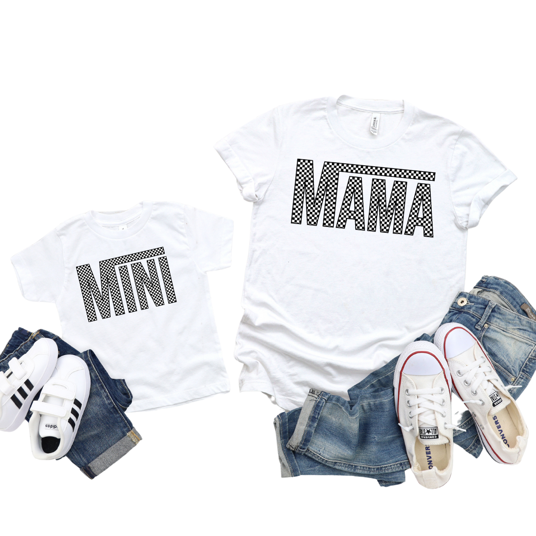 Mama & Mini / Black Checkers / TWO SHIRTS - Unisex T-Shirt Combo