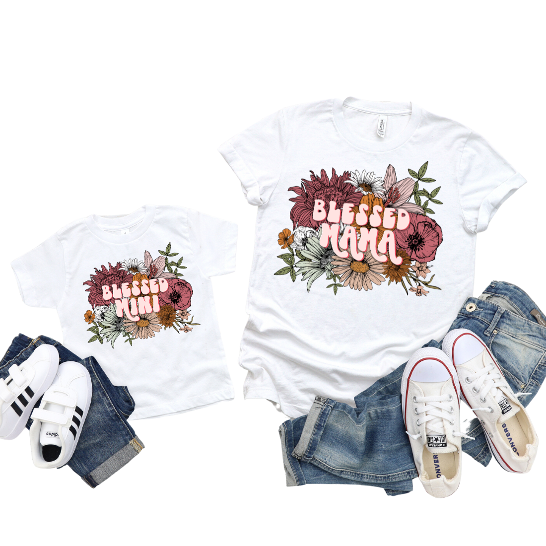 Blessed Mama & Mini / Flower Collage / TWO SHIRTS - Unisex T-Shirt Combo