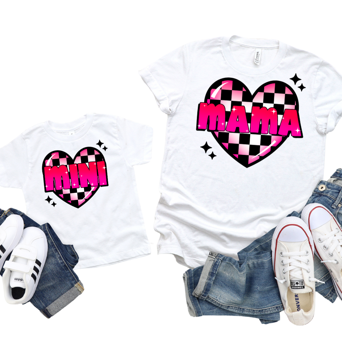 Mama & Mini - Checkered Heart Patterned / TWO SHIRTS - Unisex T-Shirt Combo