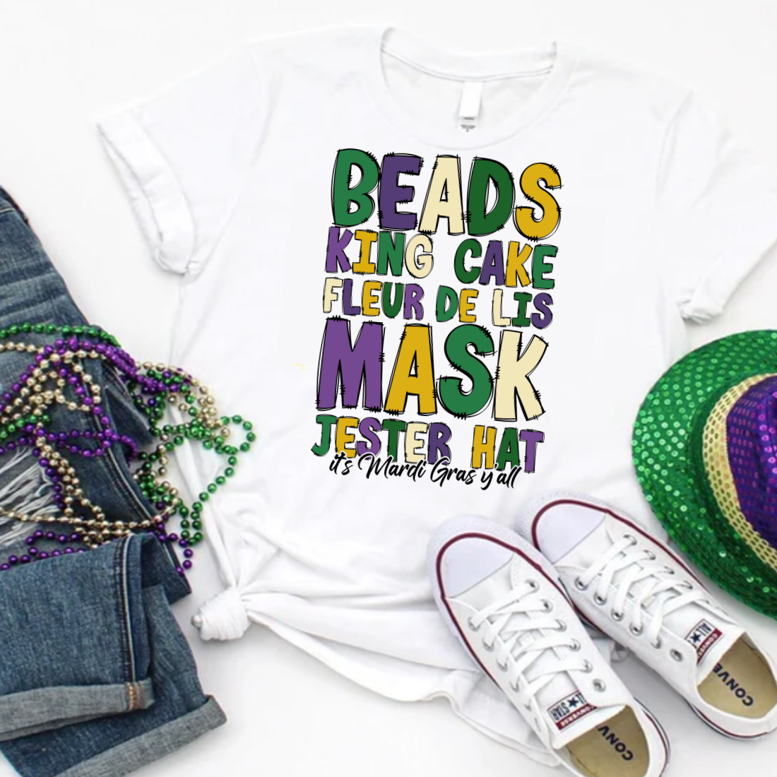 Beads, King Cake, Fleur De Luis, Mask, Jester Hat - Unisex T-Shirt