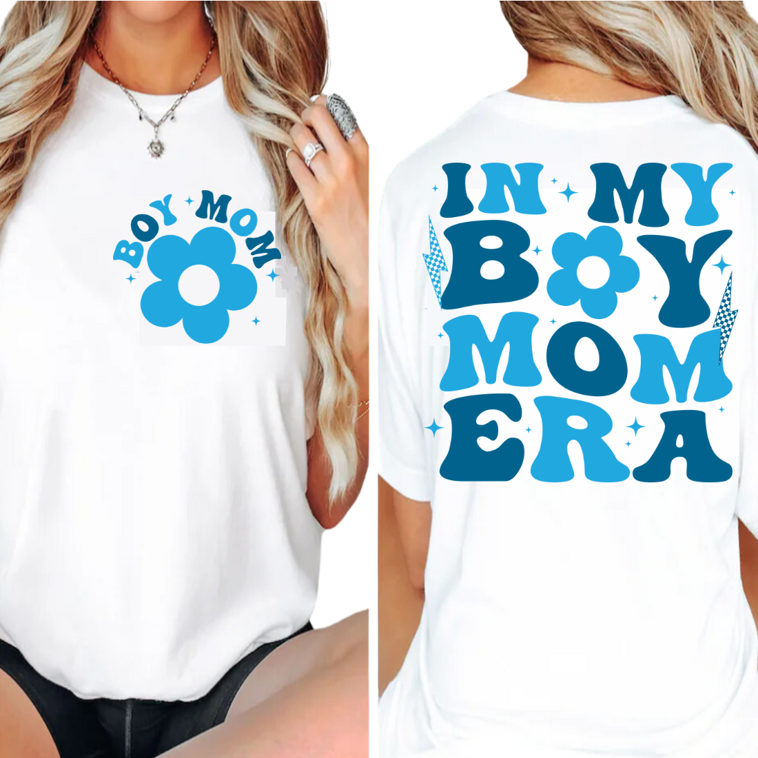 In My Boy Mom Era / Blue Flower - Back and Pocket - Unisex T-Shirt