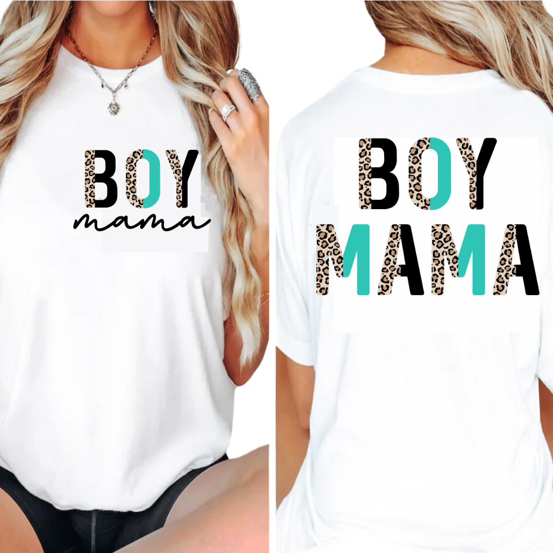 Boy Mama / Blue & Cheetah - Back and Pocket - Unisex T-Shirt