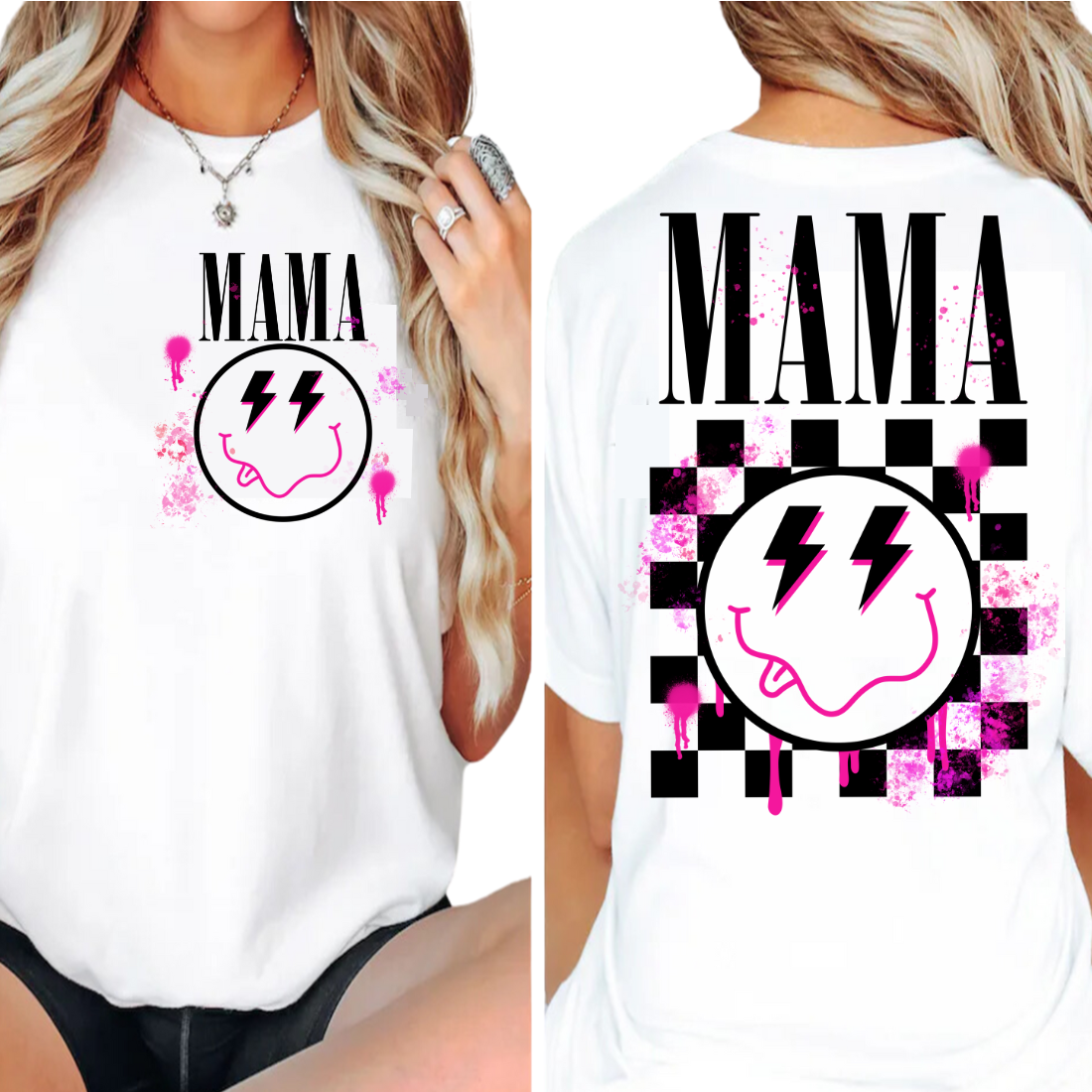 Mama / Pink Checkered Smiley Face - Back and Pocket - Unisex T-Shirt